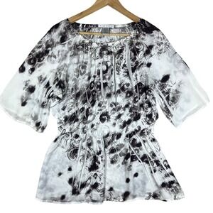 Y2K Women's Top L Black & White Abstract Print Flowy Blouse Peplum Retro Pleated